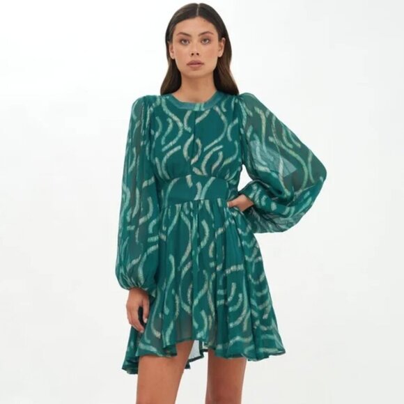 NWT Oliphant | Balloon Waisted Mini Dress in Aurora Teal - Size S - Picture 1 of 12